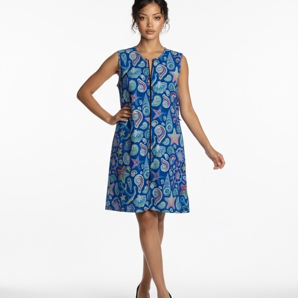 adasea Other - Women's L Blue Seashell Full Zip Sleeveless Drawstring Waist Swim Coverup Dress